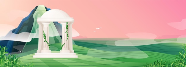 Free Vector flat landscape with concrete gazebo in greek style with vine on columns and green valley vector illustration