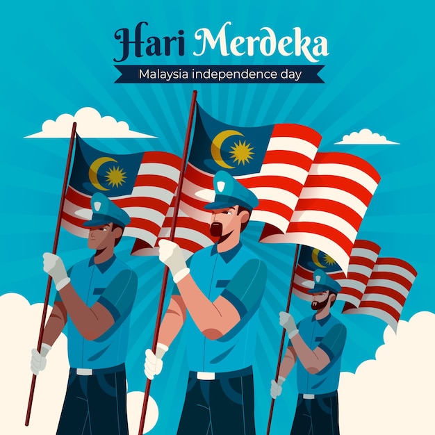 Free Vector flat malaysia independence day illustration with policemen holding flags