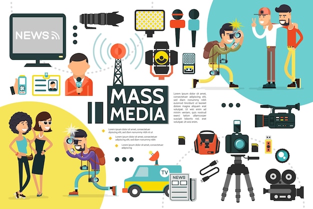 Flat mass media infographic template with reporter id card microphones news car cameras