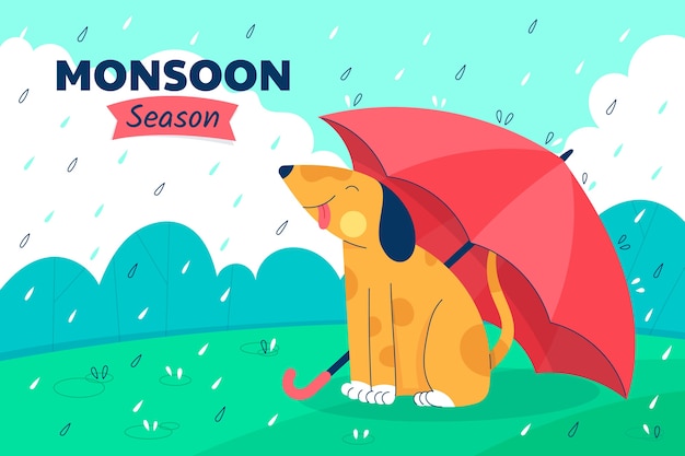 Flat monsoon season background with dog and umbrella