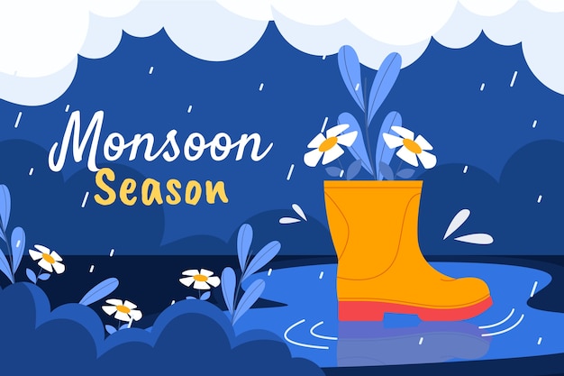 Free vector flat monsoon season background with flowers in rain boots