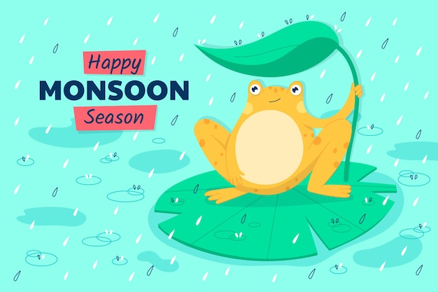 Flat monsoon season background with frog and leaf