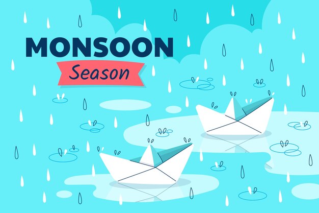 Flat monsoon season background with origami boats
