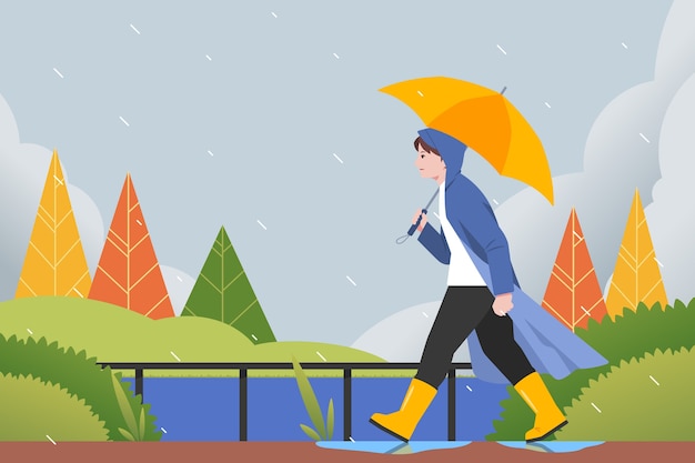 Flat monsoon season background with person walking under umbrella