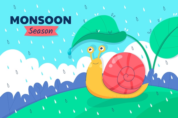 Flat monsoon season background with snail and leaf