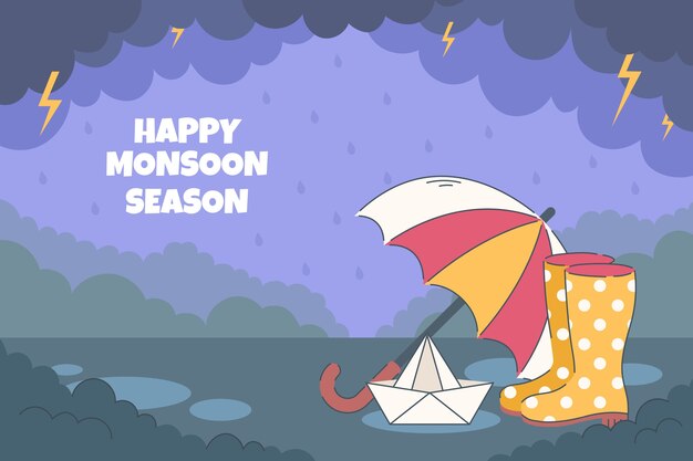 Flat monsoon season background with umbrella and paper boat in thunderstorm