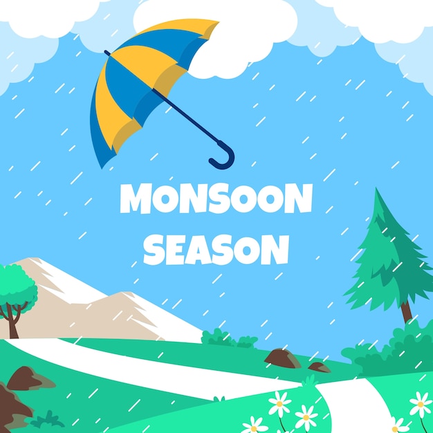 Flat monsoon season background with umbrella in the rain