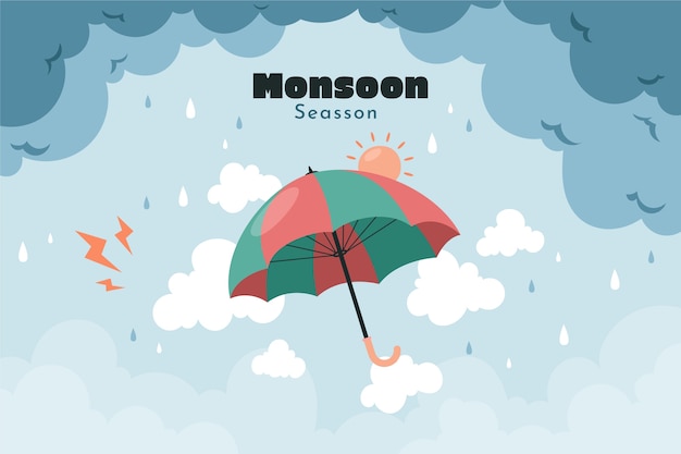 Flat monsoon season background with umbrella