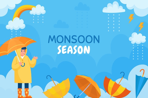 Flat monsoon season background with umbrellas and person