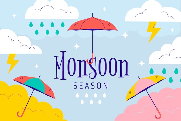 Flat monsoon season background with umbrellas and thunderstorm