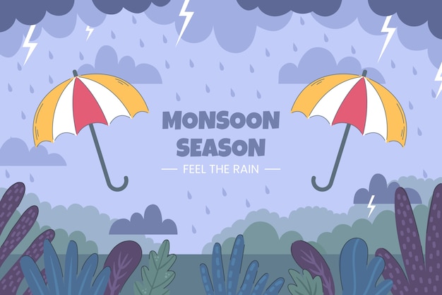 Free vector flat monsoon season background with umbrellas and thunderstorm