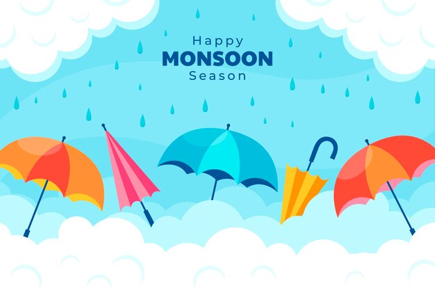 Flat monsoon season background with umbrellas