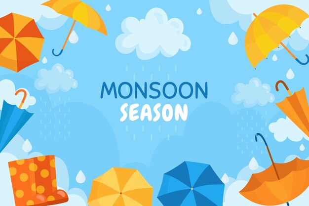 Flat monsoon season background with umbrellas