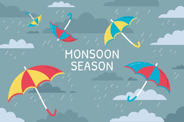 Flat monsoon season background with umbrellas