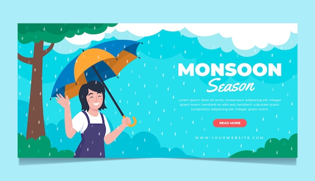 Free Vector flat monsoon season horizontal banner with woman holding umbrella