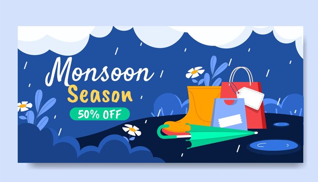 Flat monsoon season horizontal sale banner template with shopping bags and rain boots