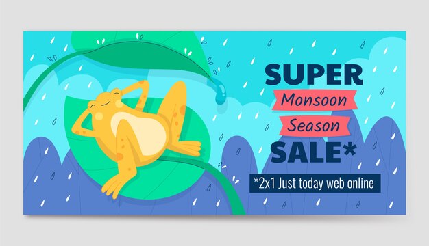 Flat monsoon season horizontal sale banner with frog on leaf