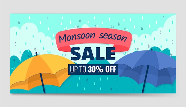 Flat monsoon season horizontal sale banner with umbrellas
