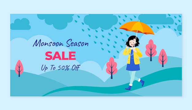 Free vector flat monsoon season horizontal sale banner with woman holding umbrella in field