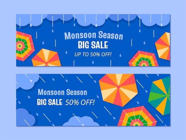 Flat monsoon season horizontal sale banners set with umbrellas