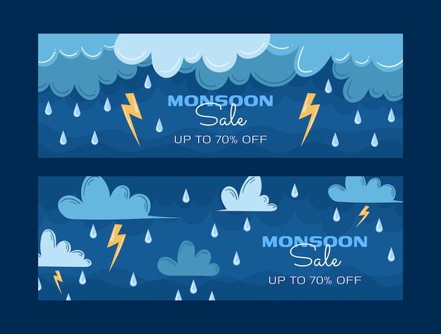 Flat monsoon season horizontal sale banners set