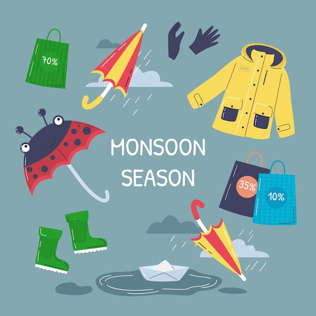 Flat monsoon season illustration with elements