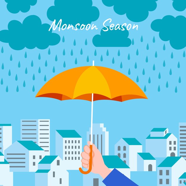 Flat monsoon season illustration with hand holding umbrella in the rain