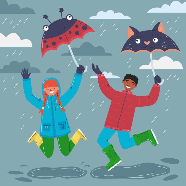 Flat monsoon season illustration with people holding umbrellas in the rain