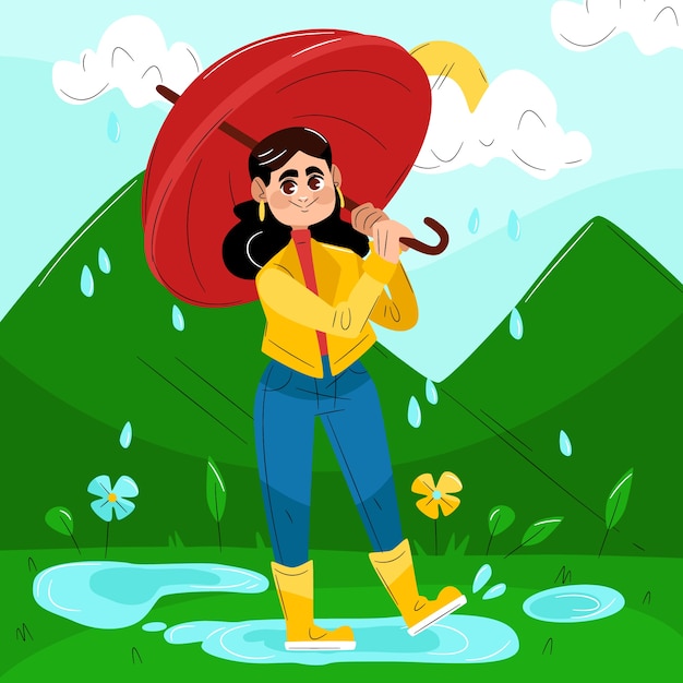 Free vector flat monsoon season illustration with person holding umbrella in the rain
