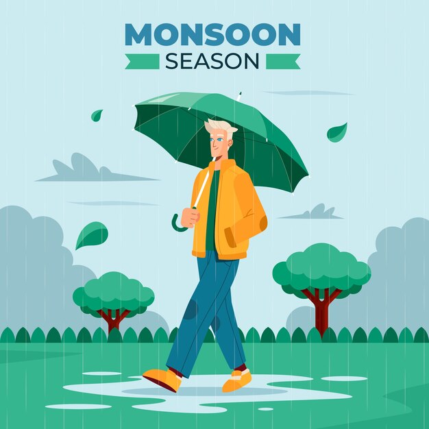 Flat monsoon season illustration with person in rain with umbrella