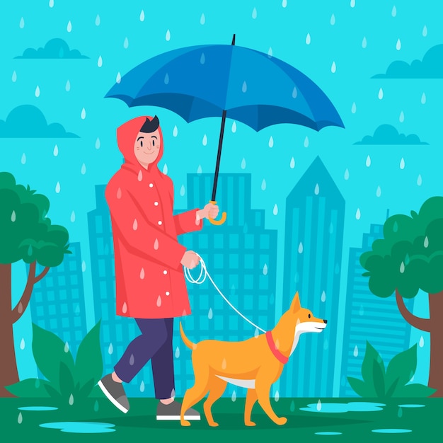 Flat monsoon season illustration with person walking their dog in the rain