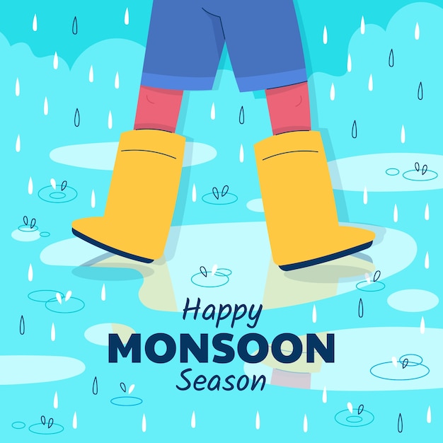 Flat monsoon season illustration with person wearing boots