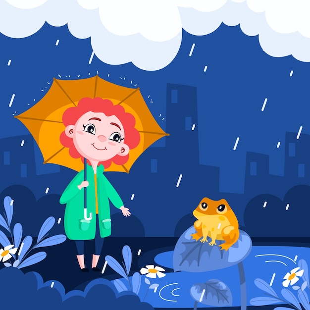 Free vector flat monsoon season illustration with woman holding umbrella and frog