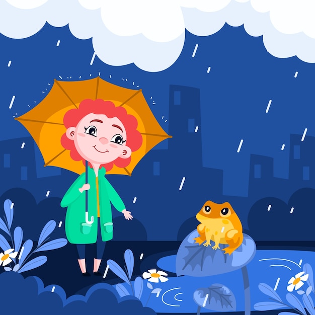 Flat monsoon season illustration with woman holding umbrella and frog