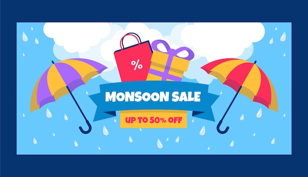 Flat monsoon season sale horizontal banner template with presents and umbrellas