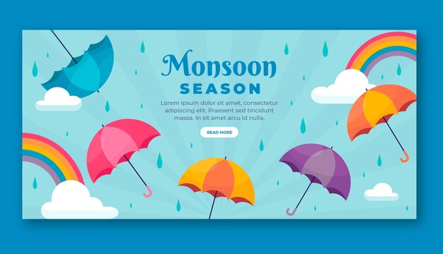 Flat monsoon season sale horizontal banner template with umbrellas