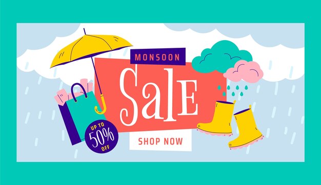 Flat monsoon season sale horizontal banner template