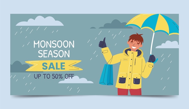 Flat monsoon season sale horizontal banner template