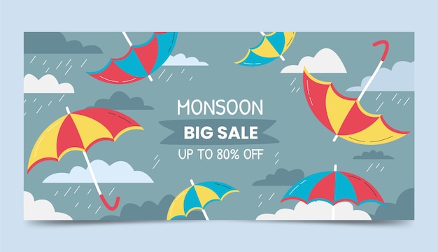 Flat monsoon season sale horizontal banner template