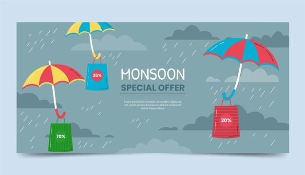 Flat monsoon season sale horizontal banner template