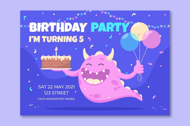 Flat monster birthday invitation template