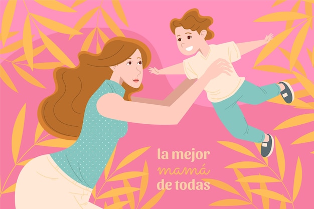 Free Vector flat mother's day background in spanish with mother playing with her son