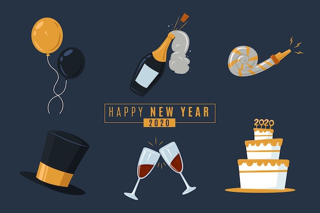 Flat new year party element collection on dark background