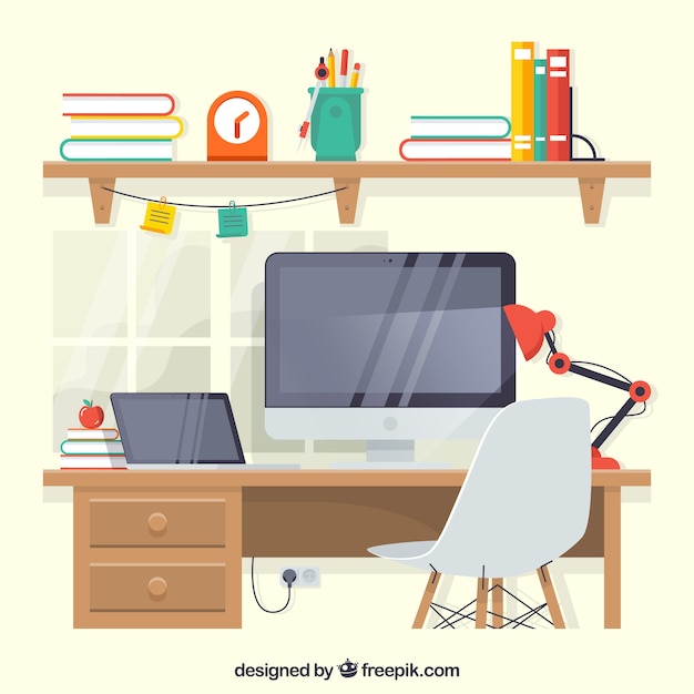 Free Vector flat office desk with devices