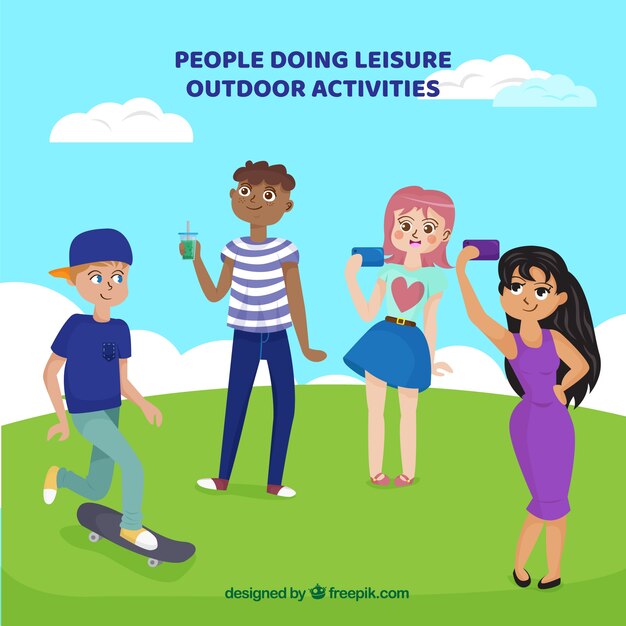 Flat people doing leisure outdoor activities