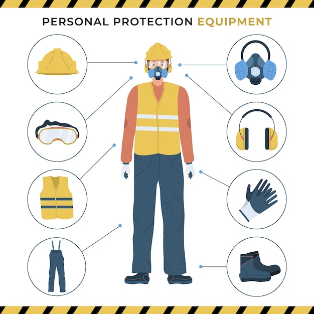 Free vector flat personal protective equipment poster with worker wearing respirator hardhat ear plugs glasses and protective clothing vector illustration