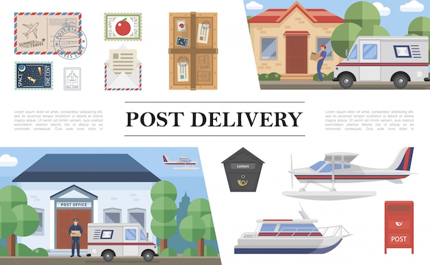 Free Vector flat post service composition with van float plane yacht postman stamps parcel envelope letter postbox post office courier delivering package to client