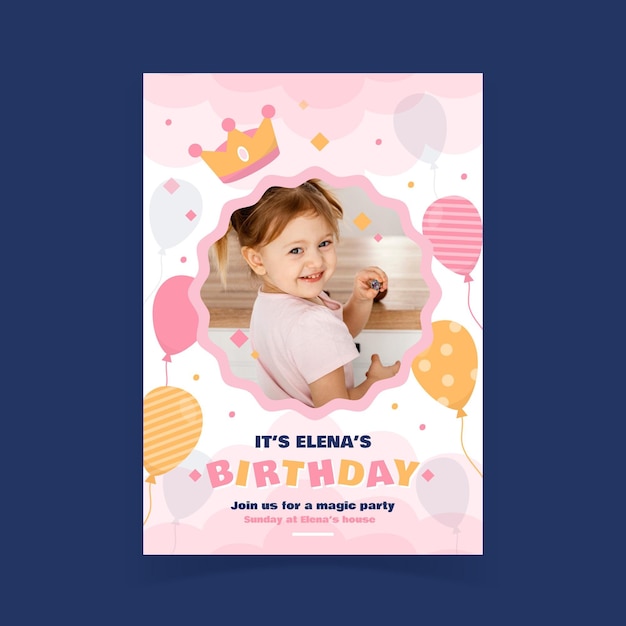 Free Vector flat princess birthday invitation with photo template with photo