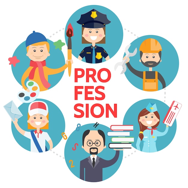 Free Vector flat profession avatars round concept with artist police officer builder stewardess teacher postman