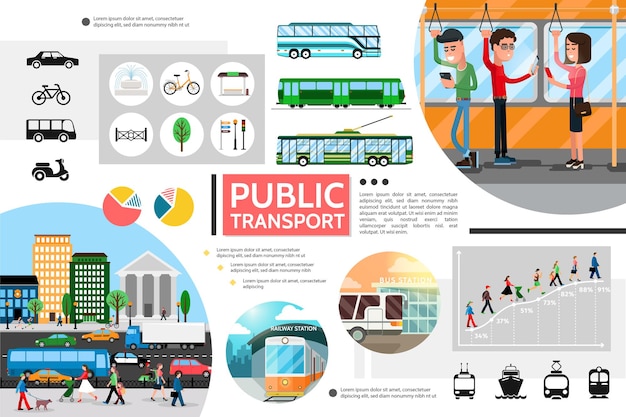 Free Vector flat public transport elements composition with bus trolleybus subway bicycle light traffic passengers city